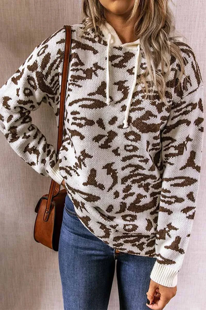 Leopard Knit Drawstring Hood Tops(3 Colors)