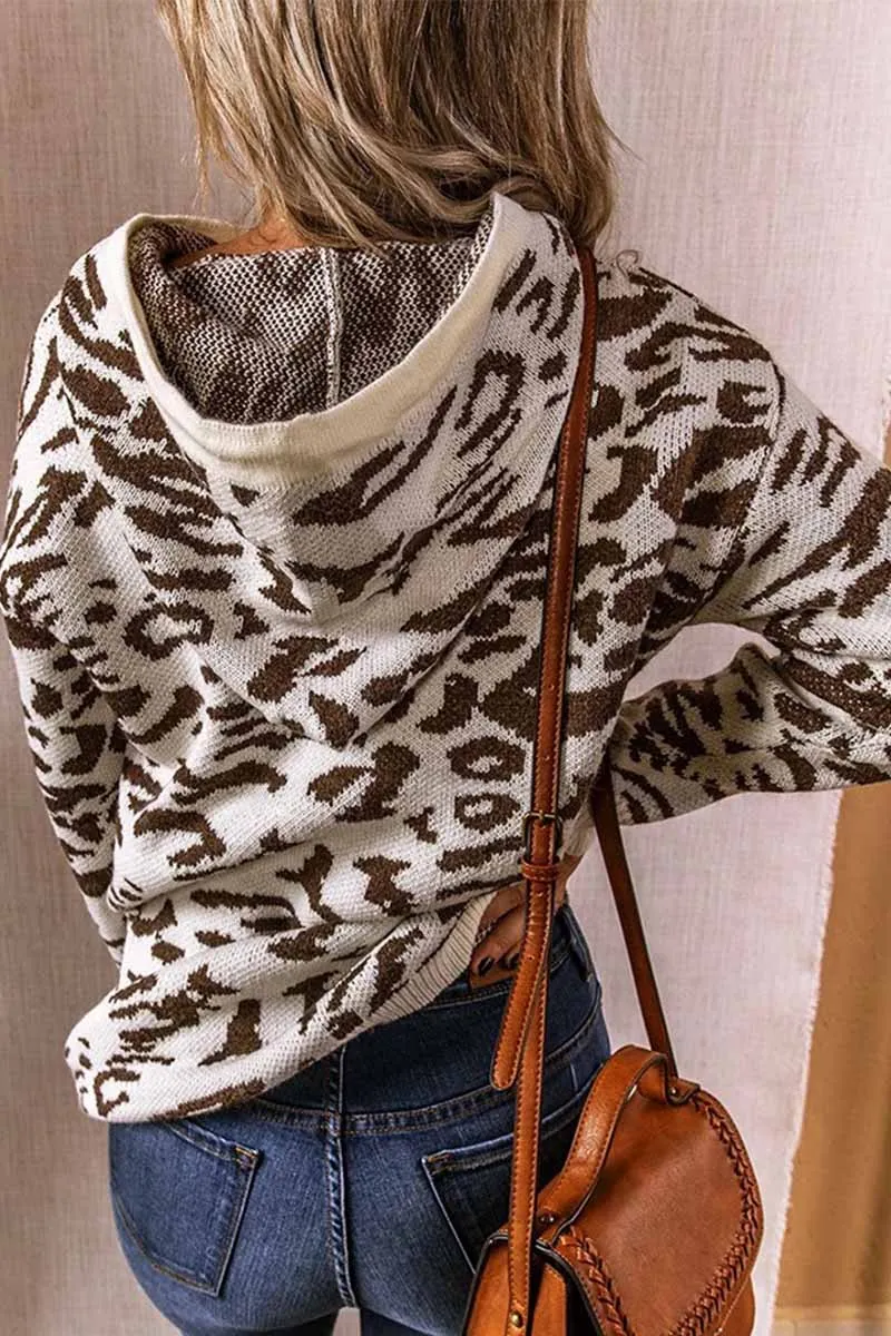Leopard Knit Drawstring Hood Tops(3 Colors)