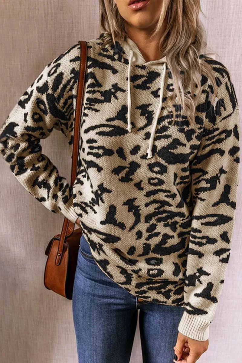 Leopard Knit Drawstring Hood Tops(3 Colors)
