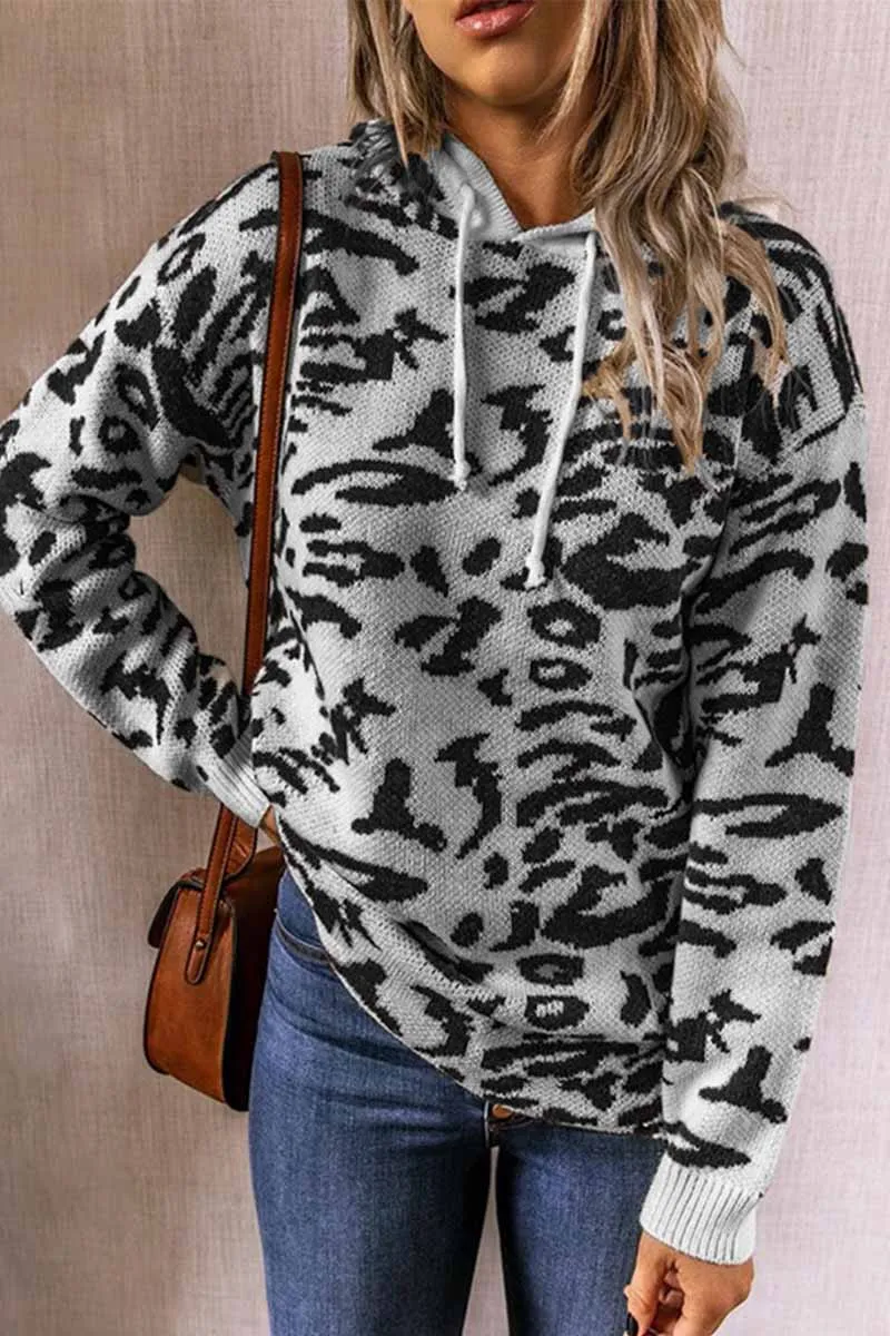 Leopard Knit Drawstring Hood Tops(3 Colors)