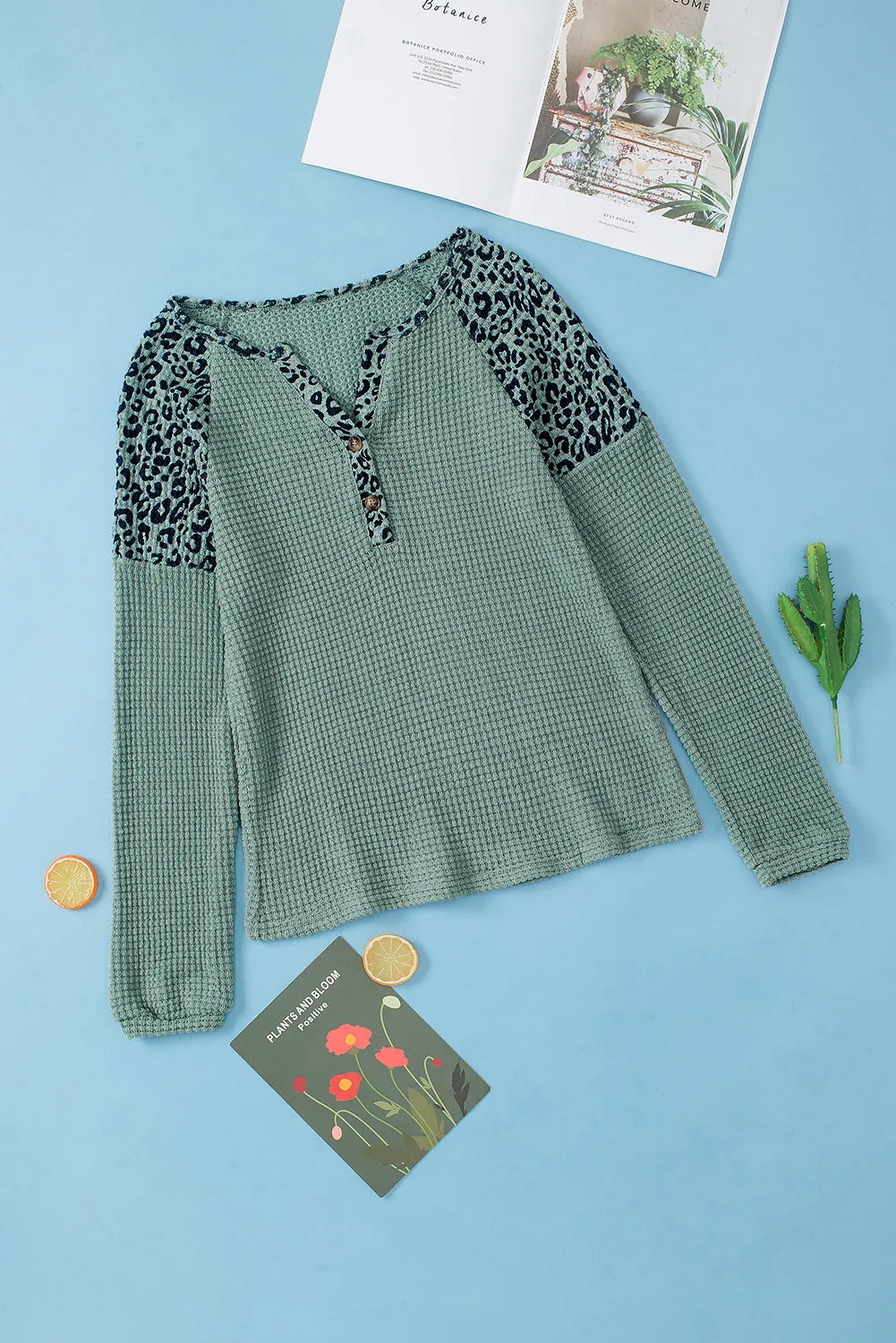 Leopard Waffle Knit V Neck Blouse