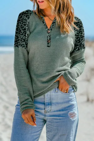 Leopard Waffle Knit V Neck Blouse