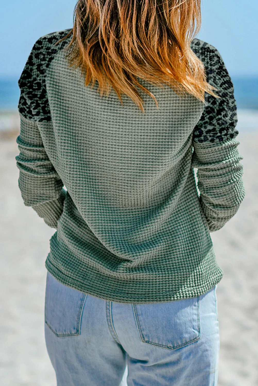 Leopard Waffle Knit V Neck Blouse