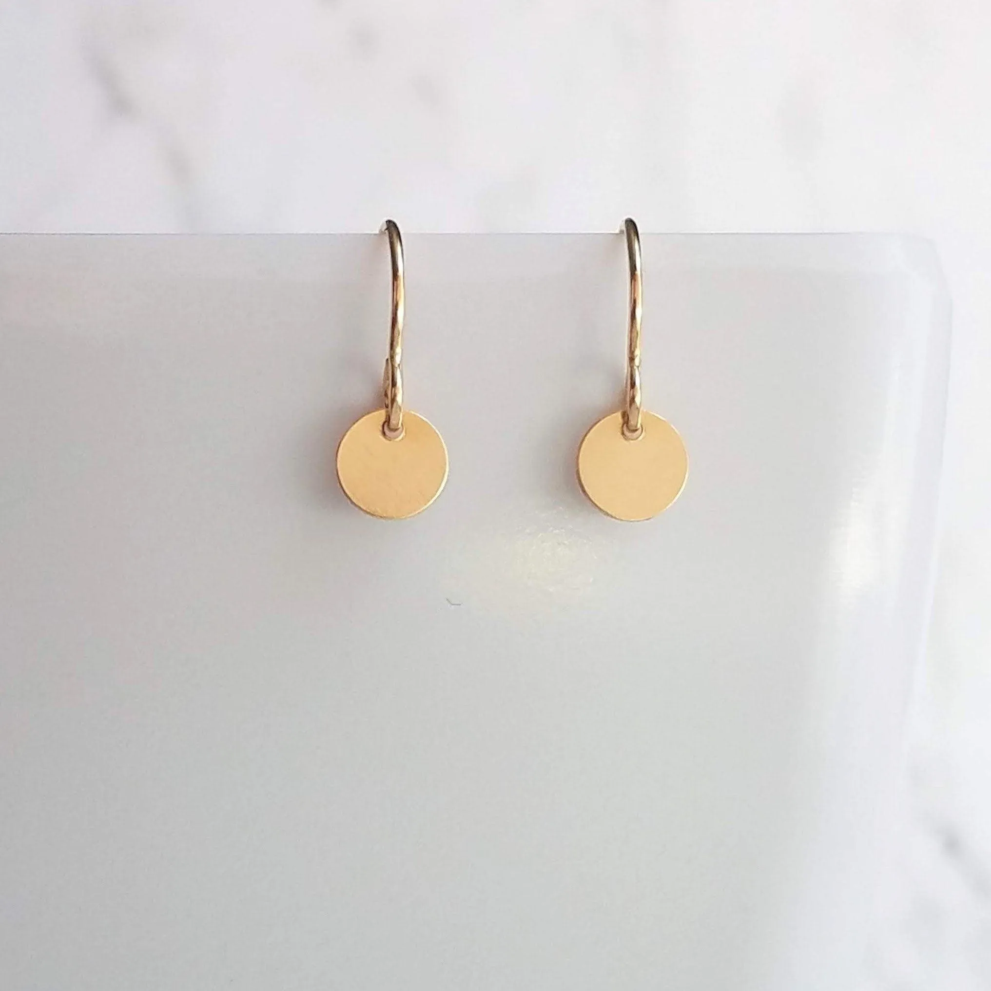 Little Disk Earrings, gold disk earring, small disc, tiny round dangle earring, 14K gold filled earring, 14K SOLID GOLD hook opt, sequin ear
