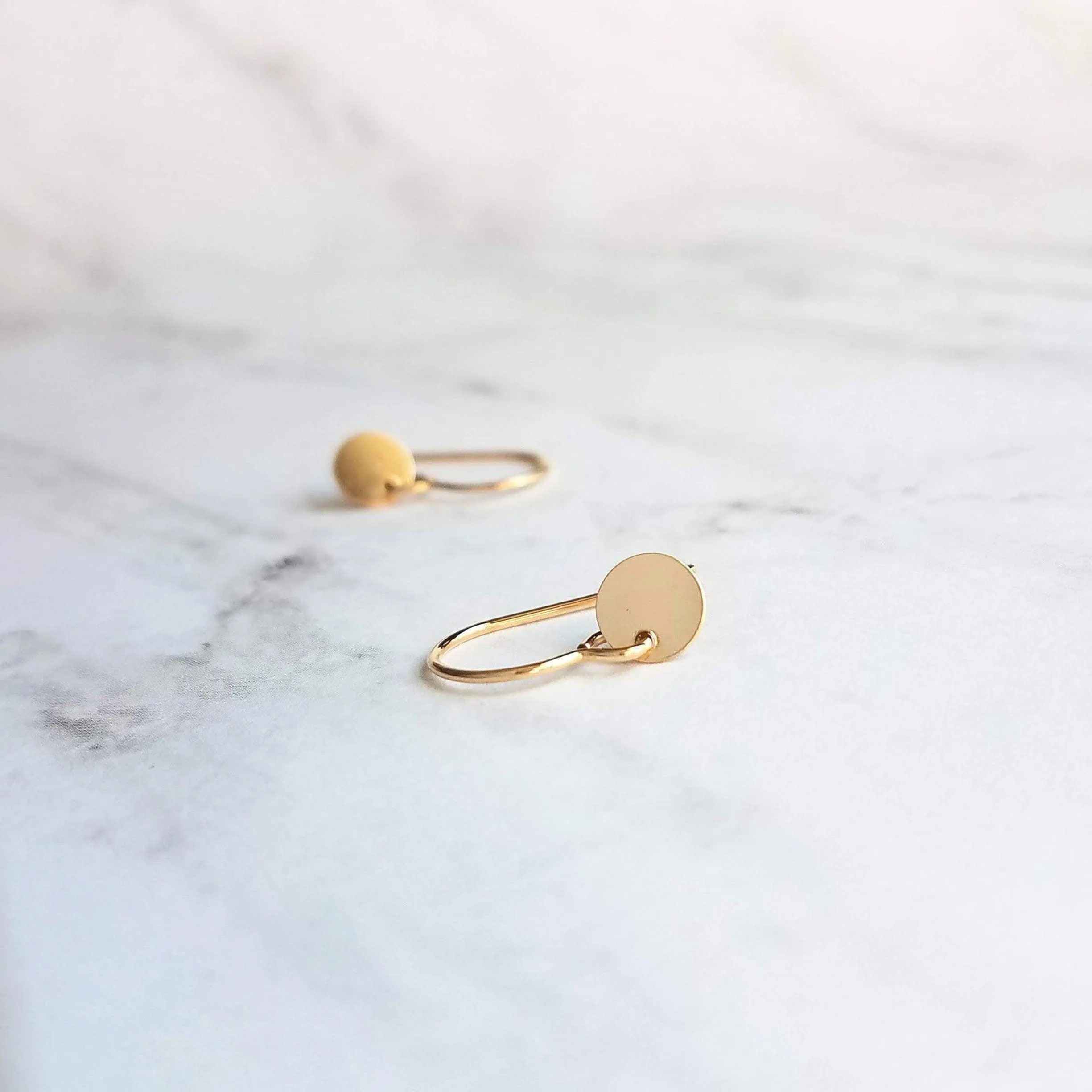 Little Disk Earrings, gold disk earring, small disc, tiny round dangle earring, 14K gold filled earring, 14K SOLID GOLD hook opt, sequin ear