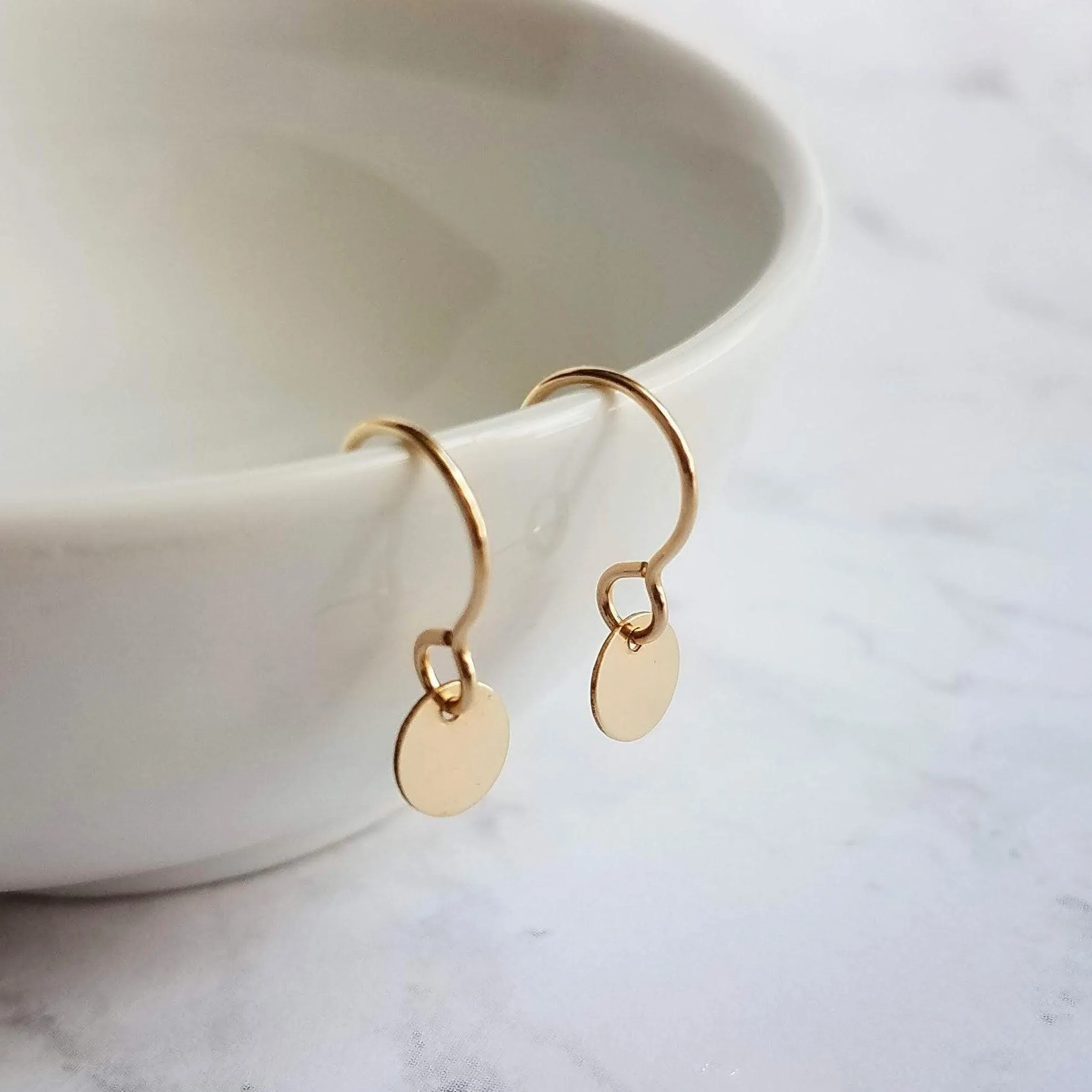 Little Disk Earrings, gold disk earring, small disc, tiny round dangle earring, 14K gold filled earring, 14K SOLID GOLD hook opt, sequin ear