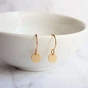 Little Disk Earrings, gold disk earring, small disc, tiny round dangle earring, 14K gold filled earring, 14K SOLID GOLD hook opt, sequin ear