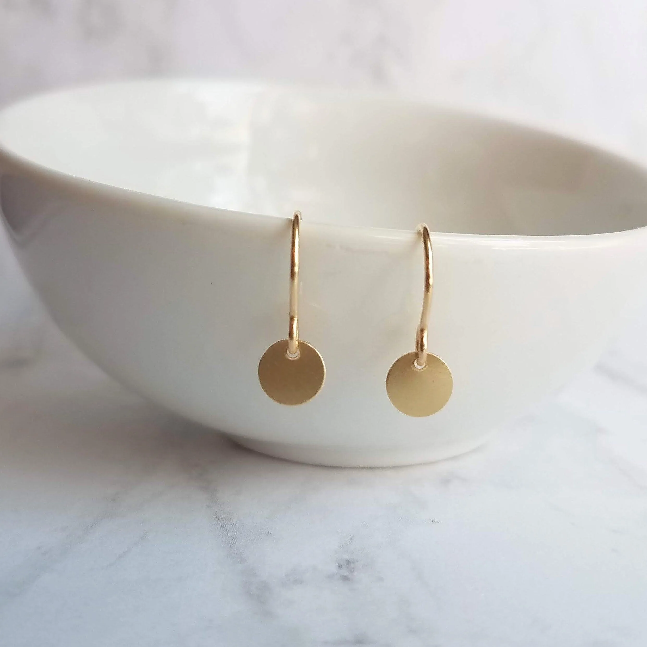 Little Disk Earrings, gold disk earring, small disc, tiny round dangle earring, 14K gold filled earring, 14K SOLID GOLD hook opt, sequin ear