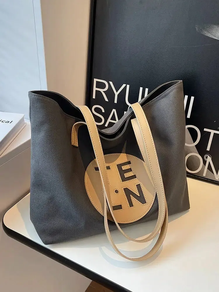 Logo Leather Straps Canvas Tote Bag