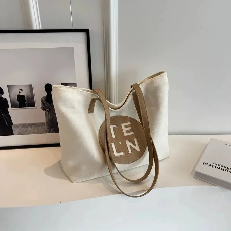 Logo Leather Straps Canvas Tote Bag