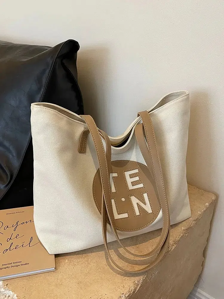 Logo Leather Straps Canvas Tote Bag