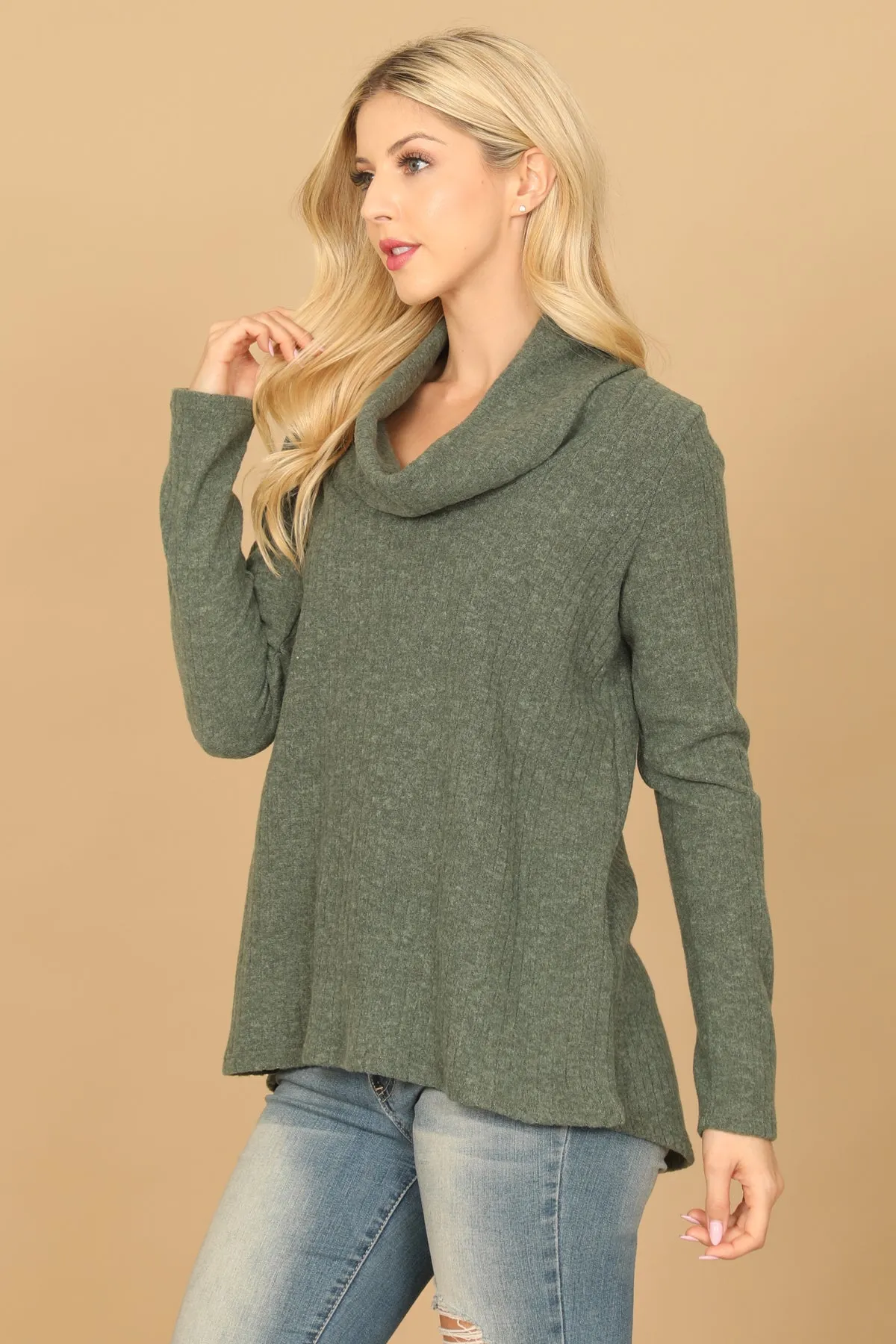 LONG SLEEVE COWL NECK RIBBED TOP