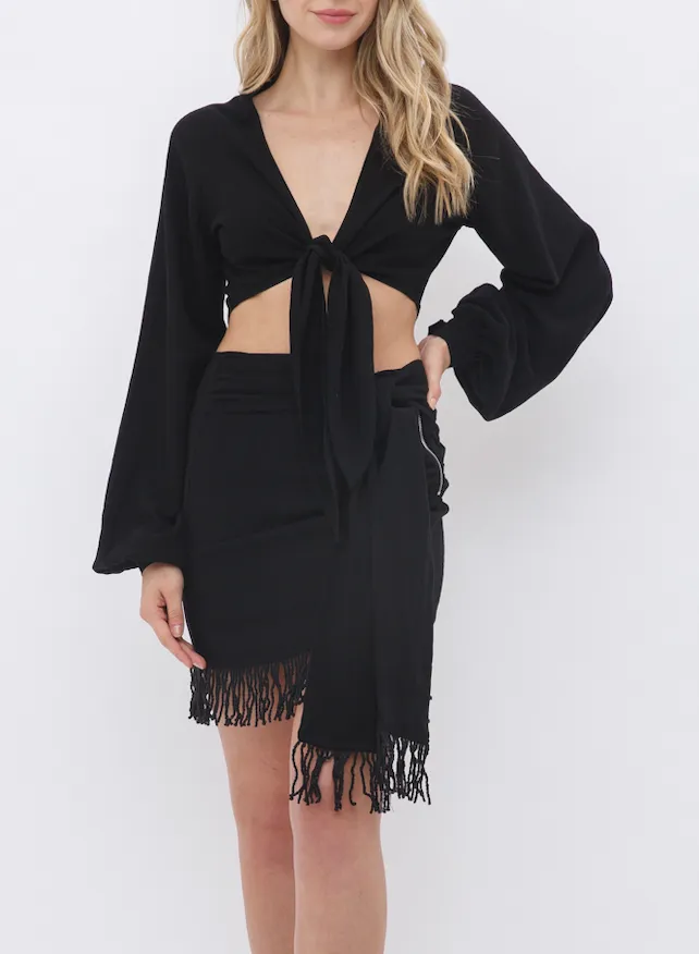 Long Sleeve Front Tie Crop Top