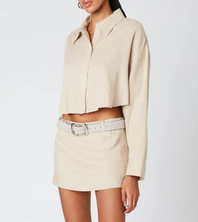 Long Sleeve Linen Button Down Cropped Top
