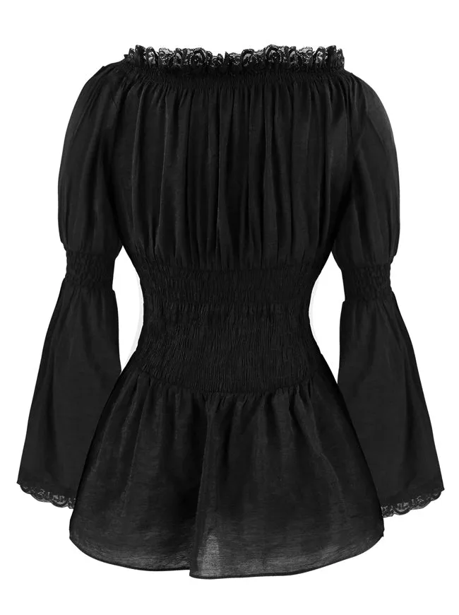 Long Sleeve Off Shoulder Lace Trim Blouse Tops