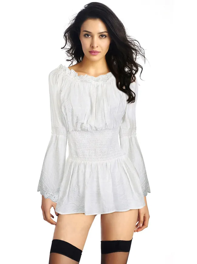 Long Sleeve Off Shoulder Lace Trim Blouse Tops