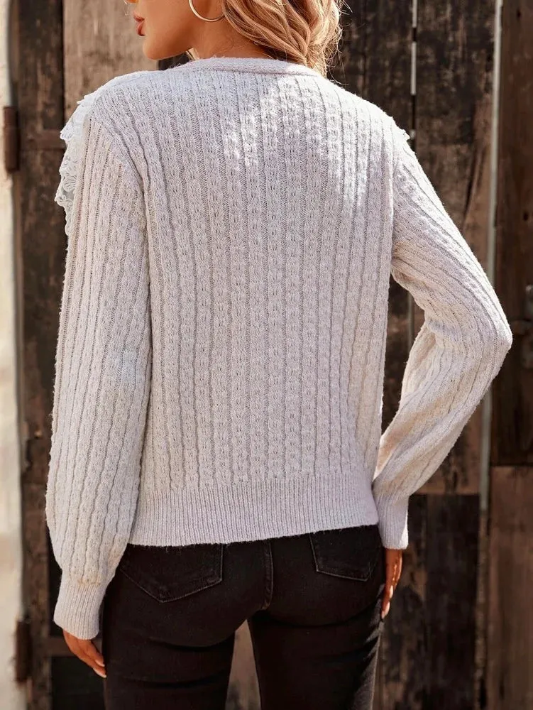 Long Sleeves Buttoned Ruched Embroidered V-Neck Sweater Tops