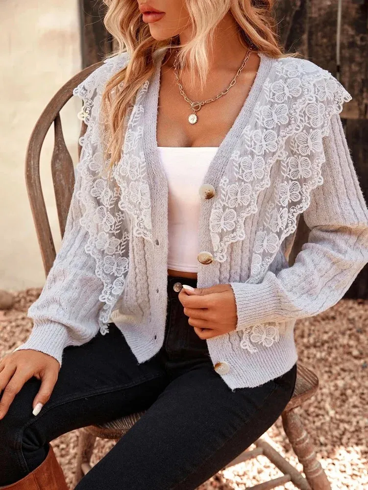 Long Sleeves Buttoned Ruched Embroidered V-Neck Sweater Tops