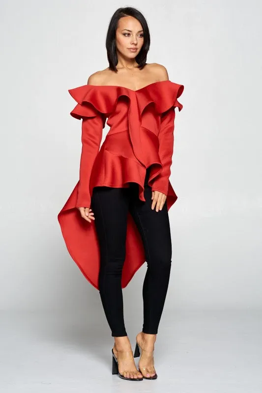 Lonnie Off Shoulder Ruffle Hi Low Top