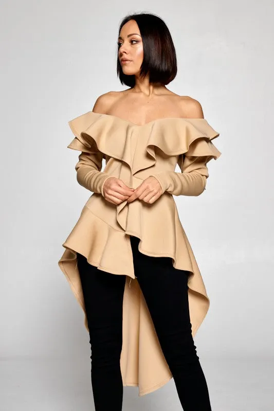 Lonnie Off Shoulder Ruffle Hi Low Top