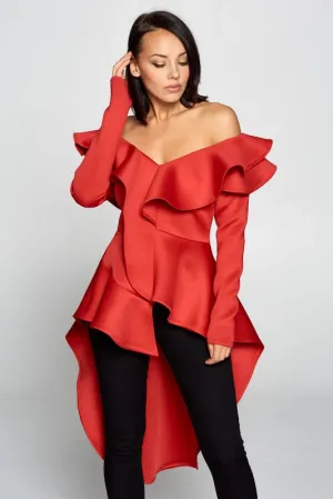 Lonnie Off Shoulder Ruffle Hi Low Top