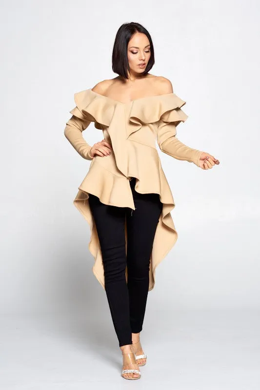 Lonnie Off Shoulder Ruffle Hi Low Top