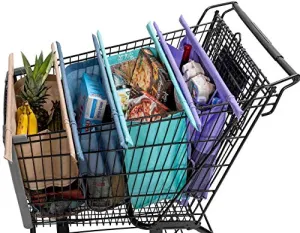 Lotus Trolley Bags -set of 4 -w/LRG COOLER Bag & Egg/Wine holder! Reusable Grocery Cart Bags sized for USA. Eco-friendly 4-Bag Grocery Tote. (Purple, Turquoise, Blue, Brown,)