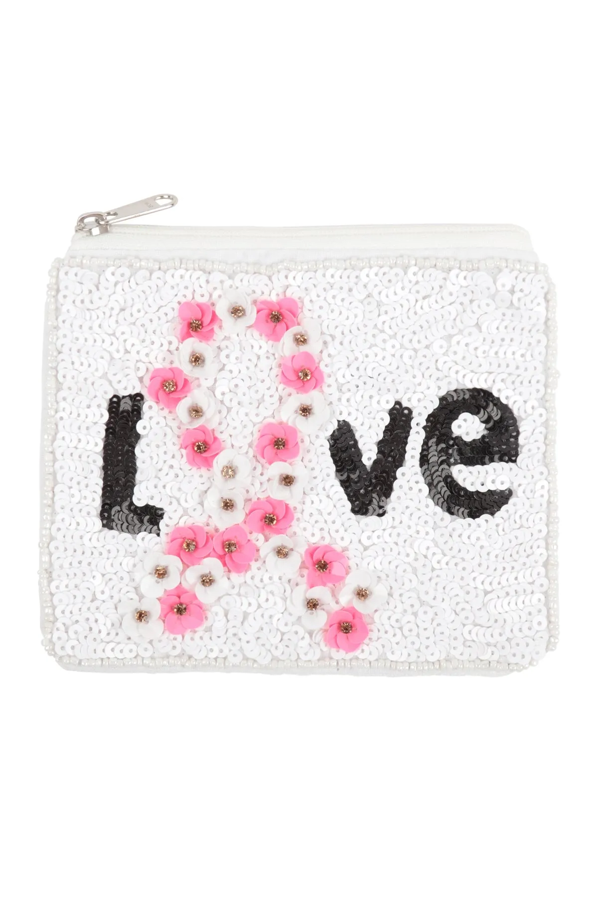 LOVE PINK RIBBON AWARENESS WITH FLOWERS SEQUIN COIN POUCH