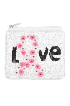 LOVE PINK RIBBON AWARENESS WITH FLOWERS SEQUIN COIN POUCH