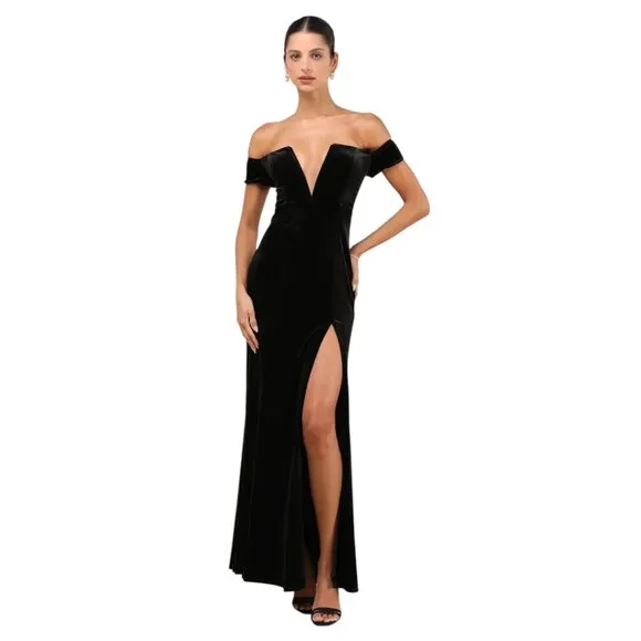 Lulus Captivating Silhouette Black Velvet Off-the-Shoulder Dress Size Medium