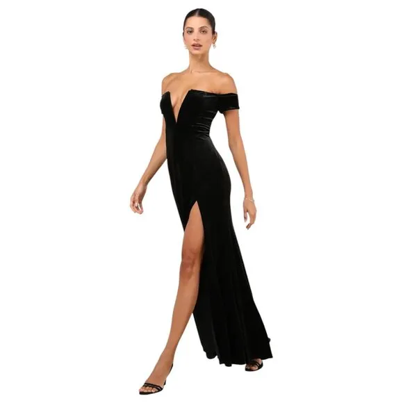 Lulus Captivating Silhouette Black Velvet Off-the-Shoulder Dress Size Medium