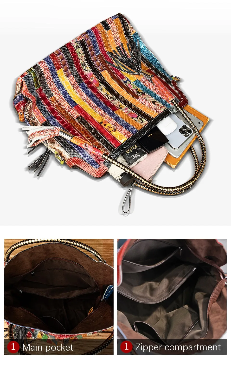 Luxury Soft Real Leather Large Shopper Handmade Color Flowers Stitching Tassel Shoulder Messenger bag