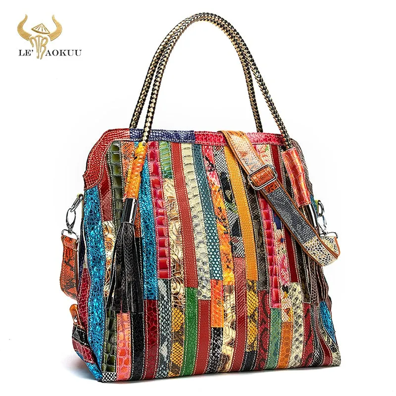 Luxury Soft Real Leather Large Shopper Handmade Color Flowers Stitching Tassel Shoulder Messenger bag