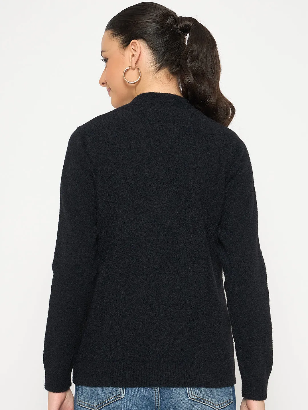 Madame V Neck Solid Black Cardigan