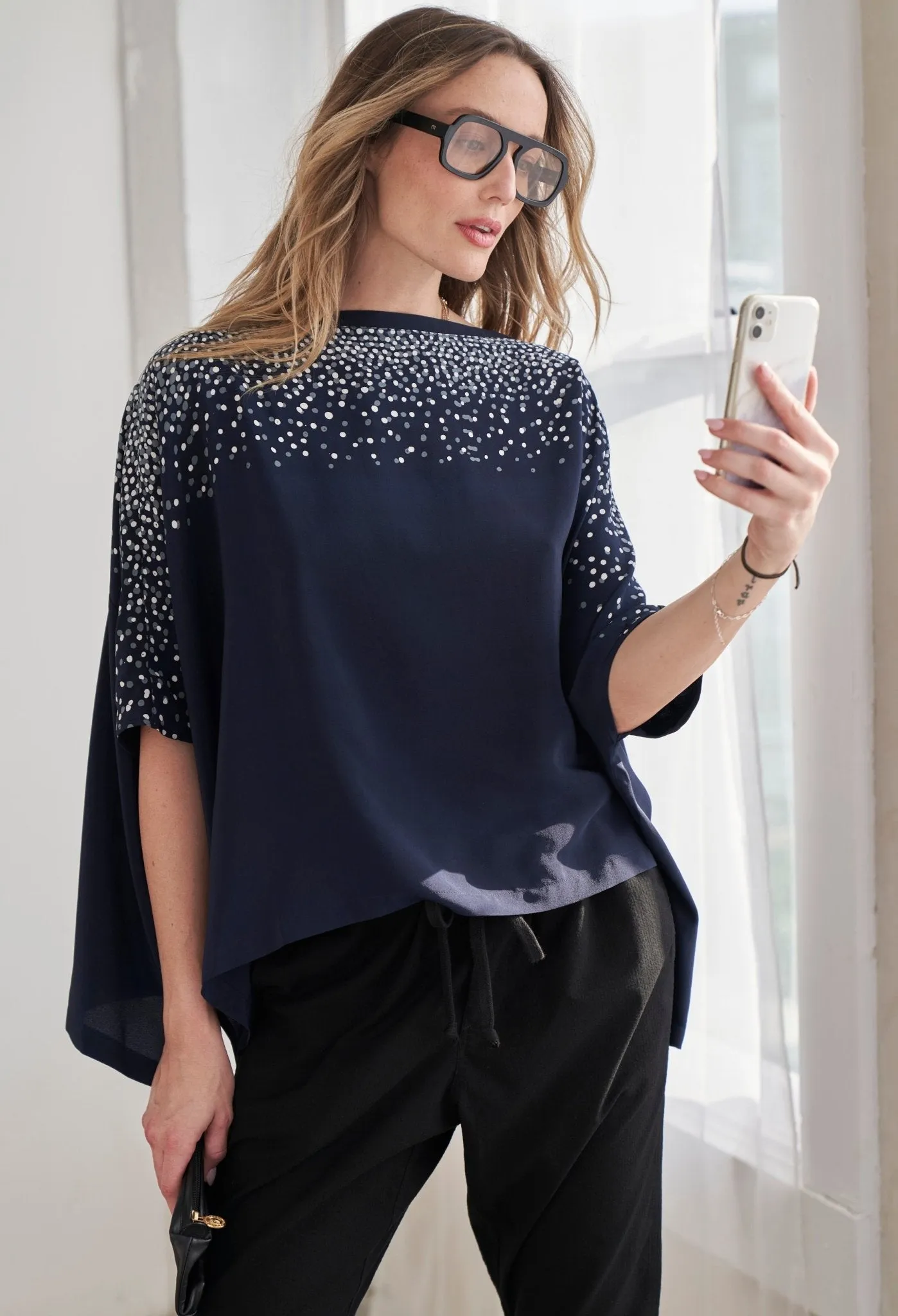 Malaysia Collection - Navy Stardust Silk Square Top  - Sale
