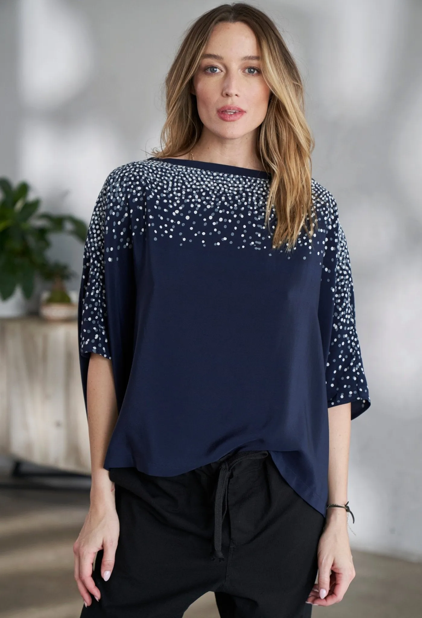 Malaysia Collection - Navy Stardust Silk Square Top  - Sale