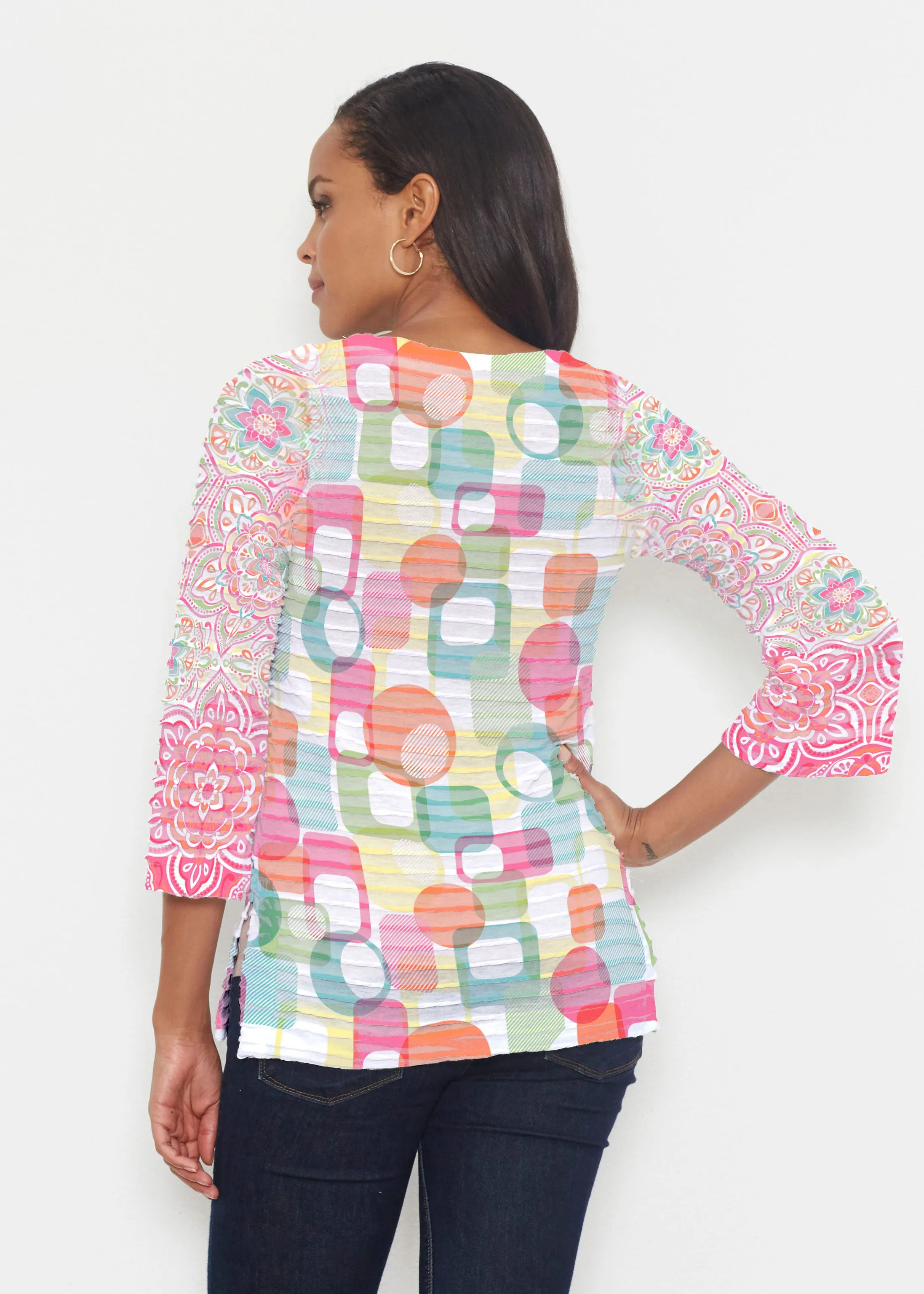 Mandala Geo (13495) ~ Banded 3/4 Bell-Sleeve V-Neck Tunic