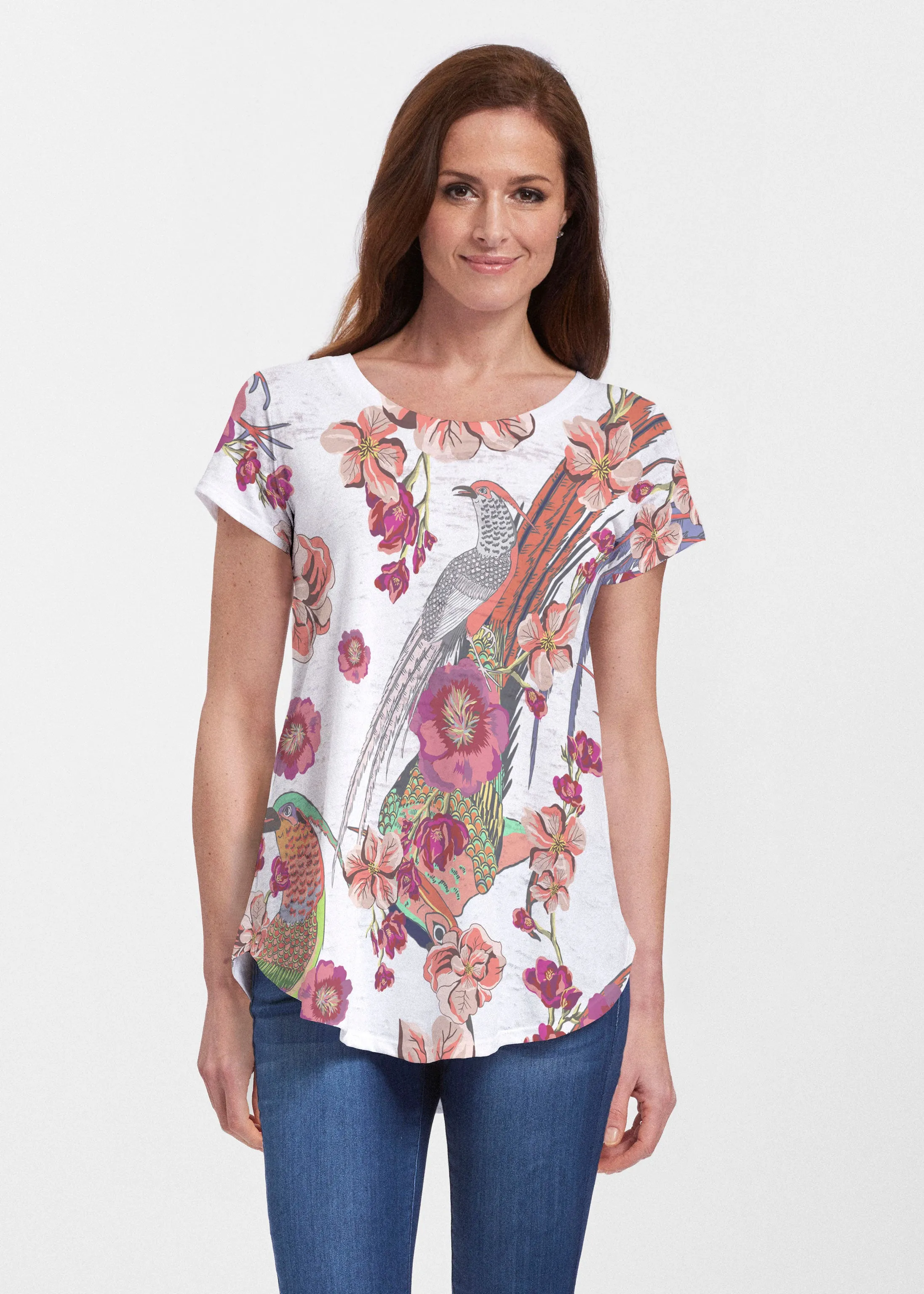Mandarin Bird (7646) ~ Signature Short Sleeve Scoop Neck Flowy Tunic