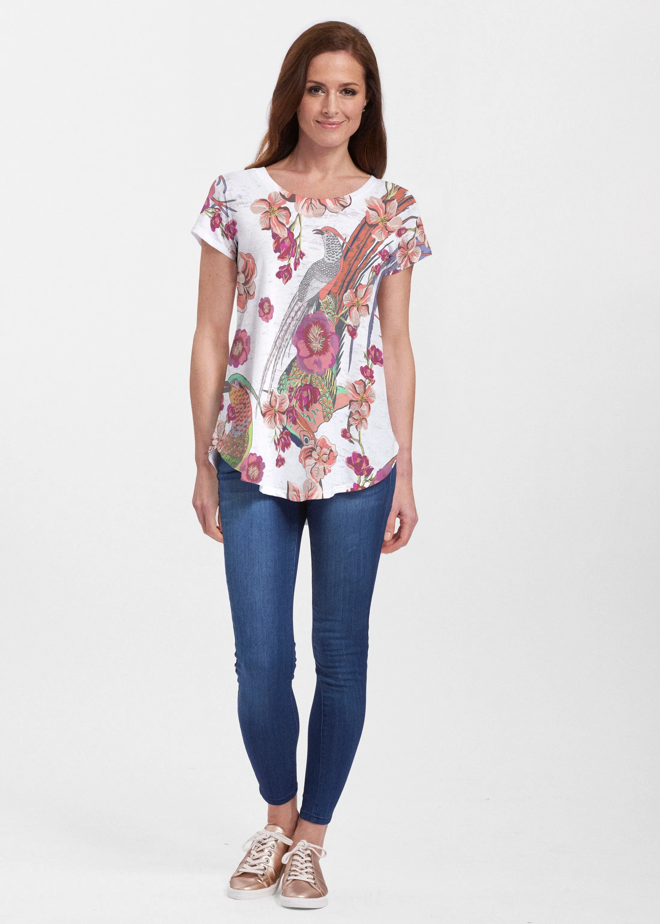 Mandarin Bird (7646) ~ Signature Short Sleeve Scoop Neck Flowy Tunic