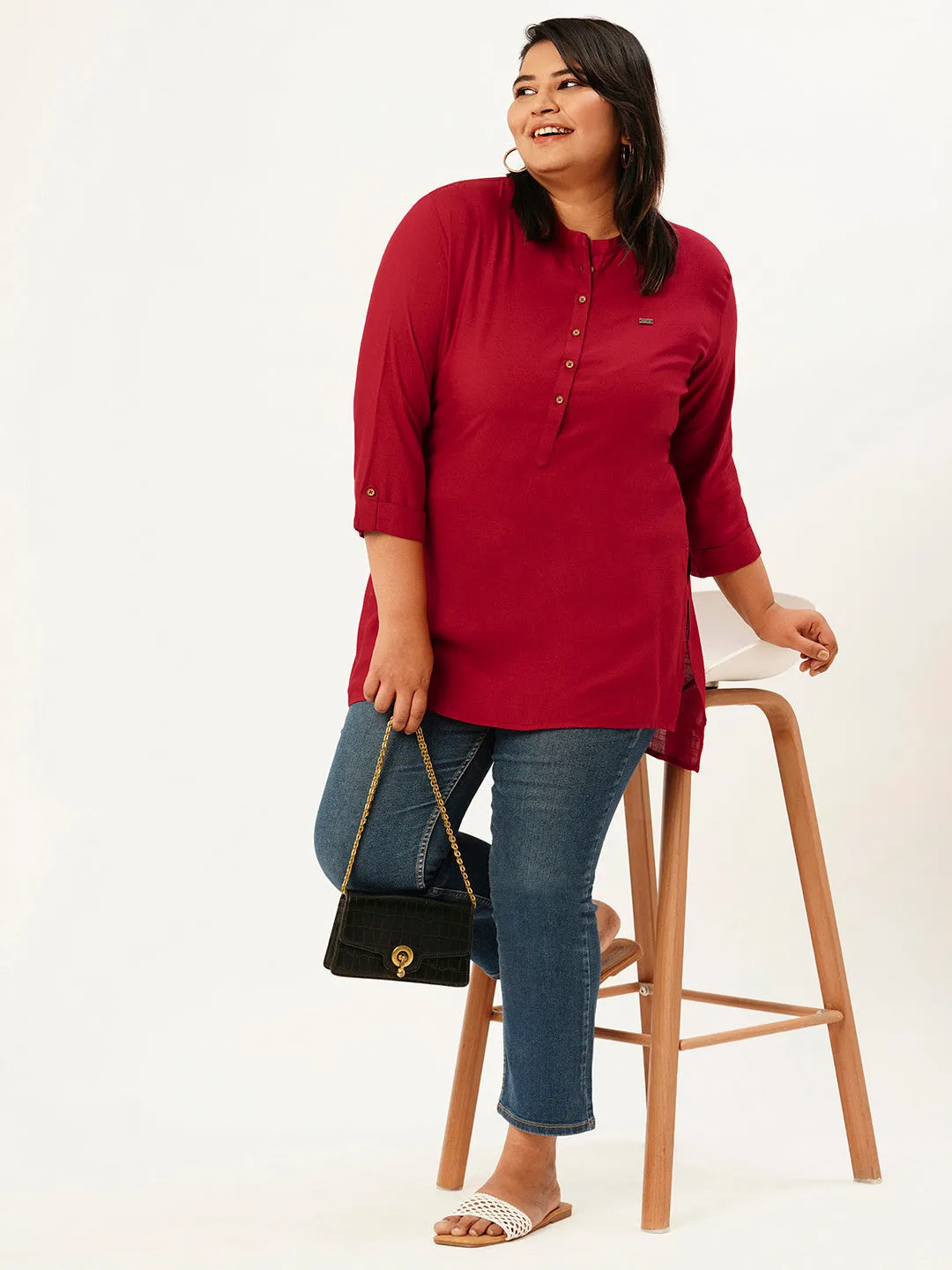 Mandarin Collar Rayon Solid Maroon Straight Tunic For Women - ZOLA