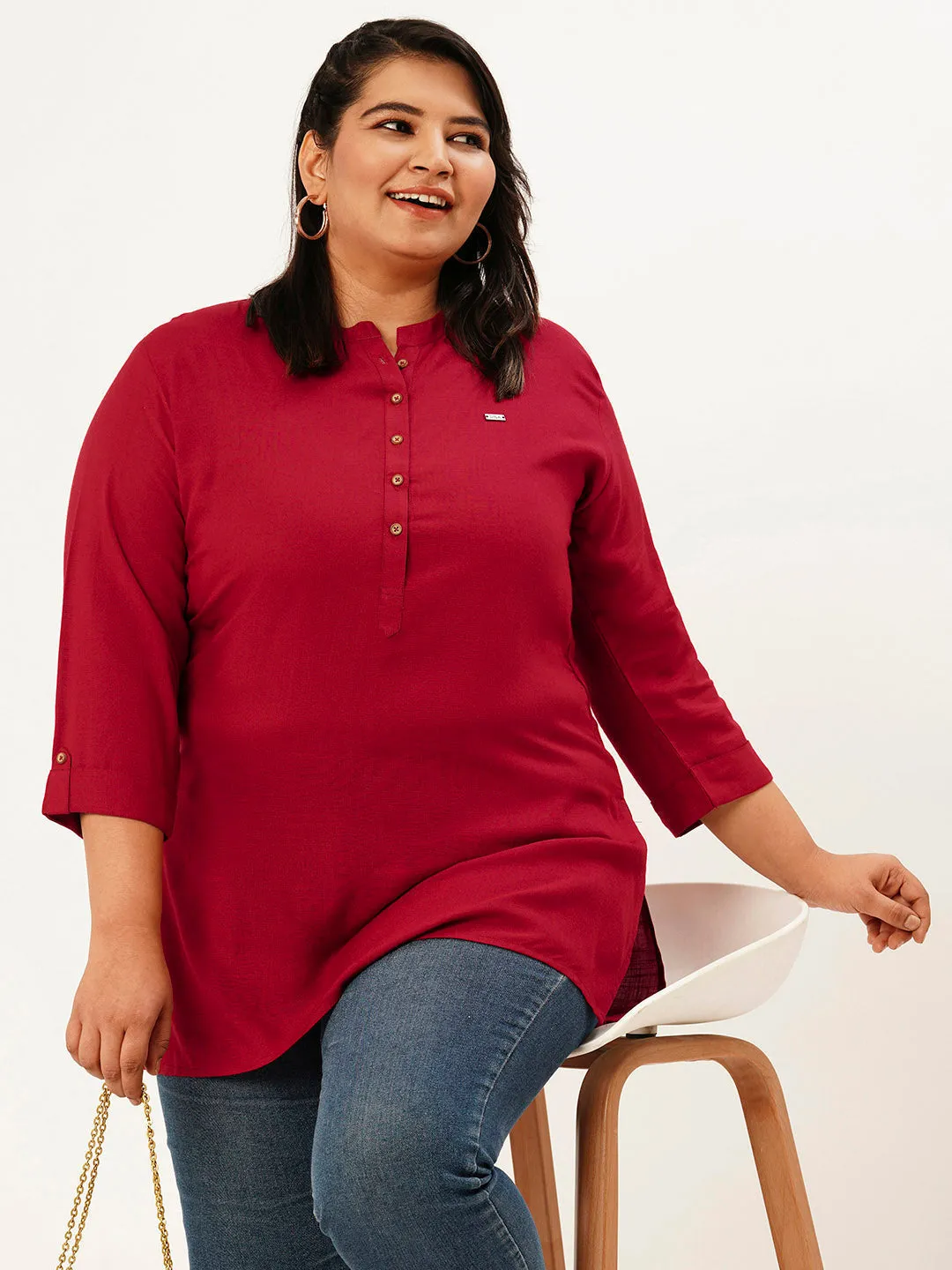 Mandarin Collar Rayon Solid Maroon Straight Tunic For Women - ZOLA