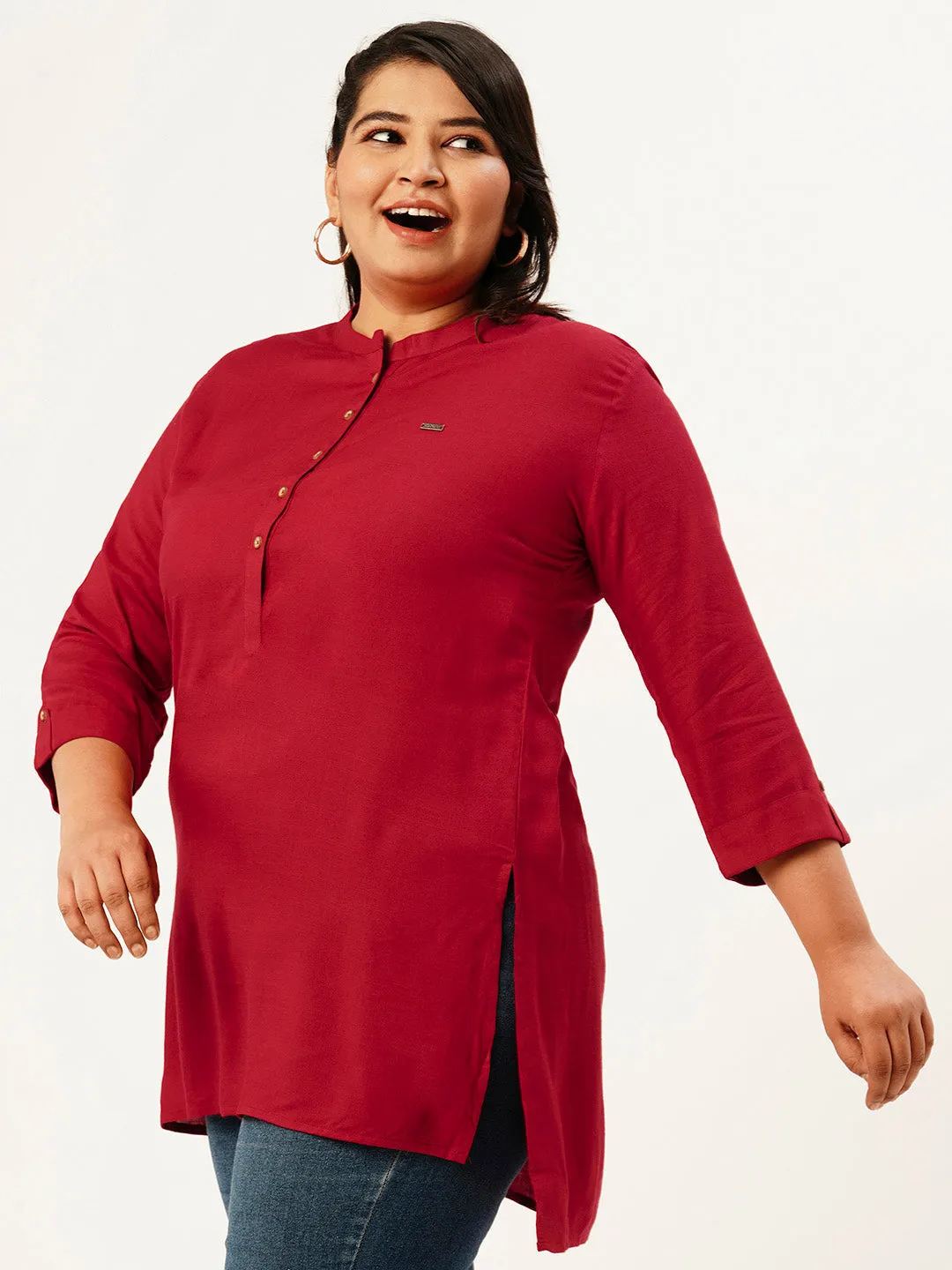Mandarin Collar Rayon Solid Maroon Straight Tunic For Women - ZOLA