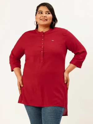 Mandarin Collar Rayon Solid Maroon Straight Tunic For Women - ZOLA