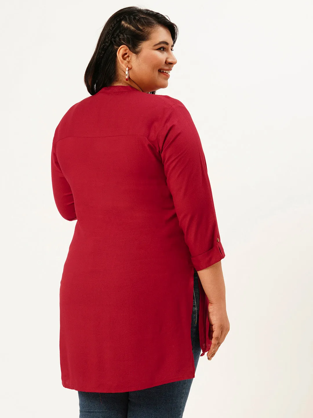 Mandarin Collar Rayon Solid Maroon Straight Tunic For Women - ZOLA
