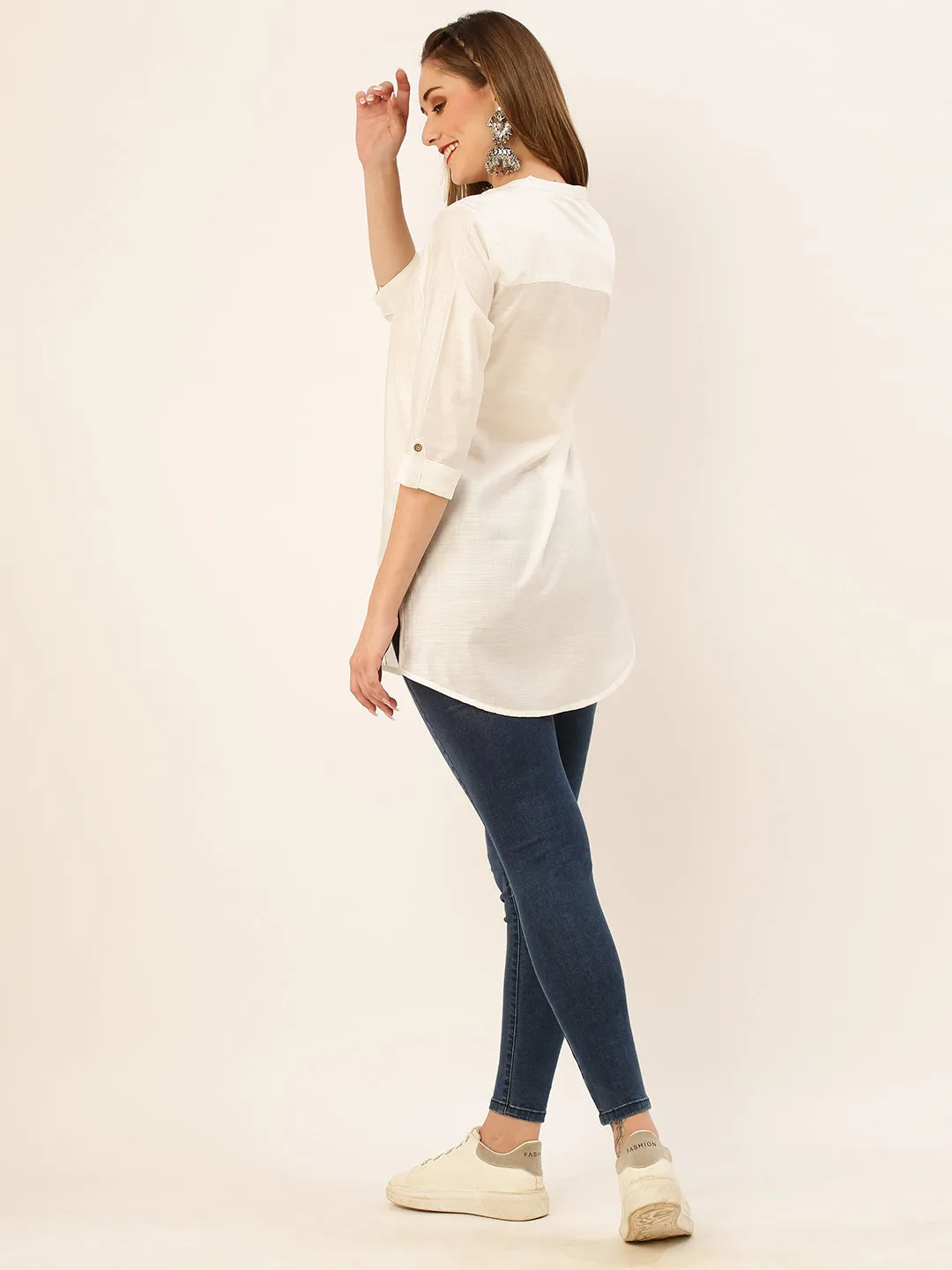 Mandarin Collar Rayon Solid White Straight Tunic For Women - ZOLA