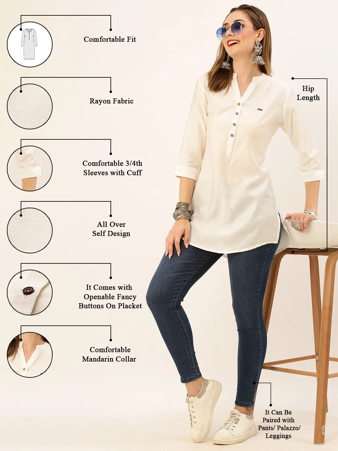 Mandarin Collar Rayon Solid White Straight Tunic For Women - ZOLA