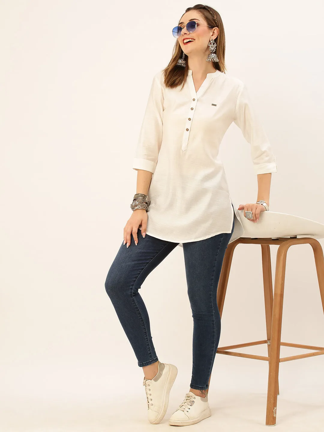 Mandarin Collar Rayon Solid White Straight Tunic For Women - ZOLA