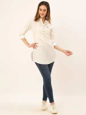 Mandarin Collar Rayon Solid White Straight Tunic For Women - ZOLA