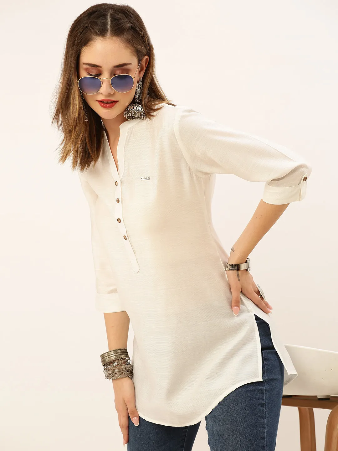 Mandarin Collar Rayon Solid White Straight Tunic For Women - ZOLA