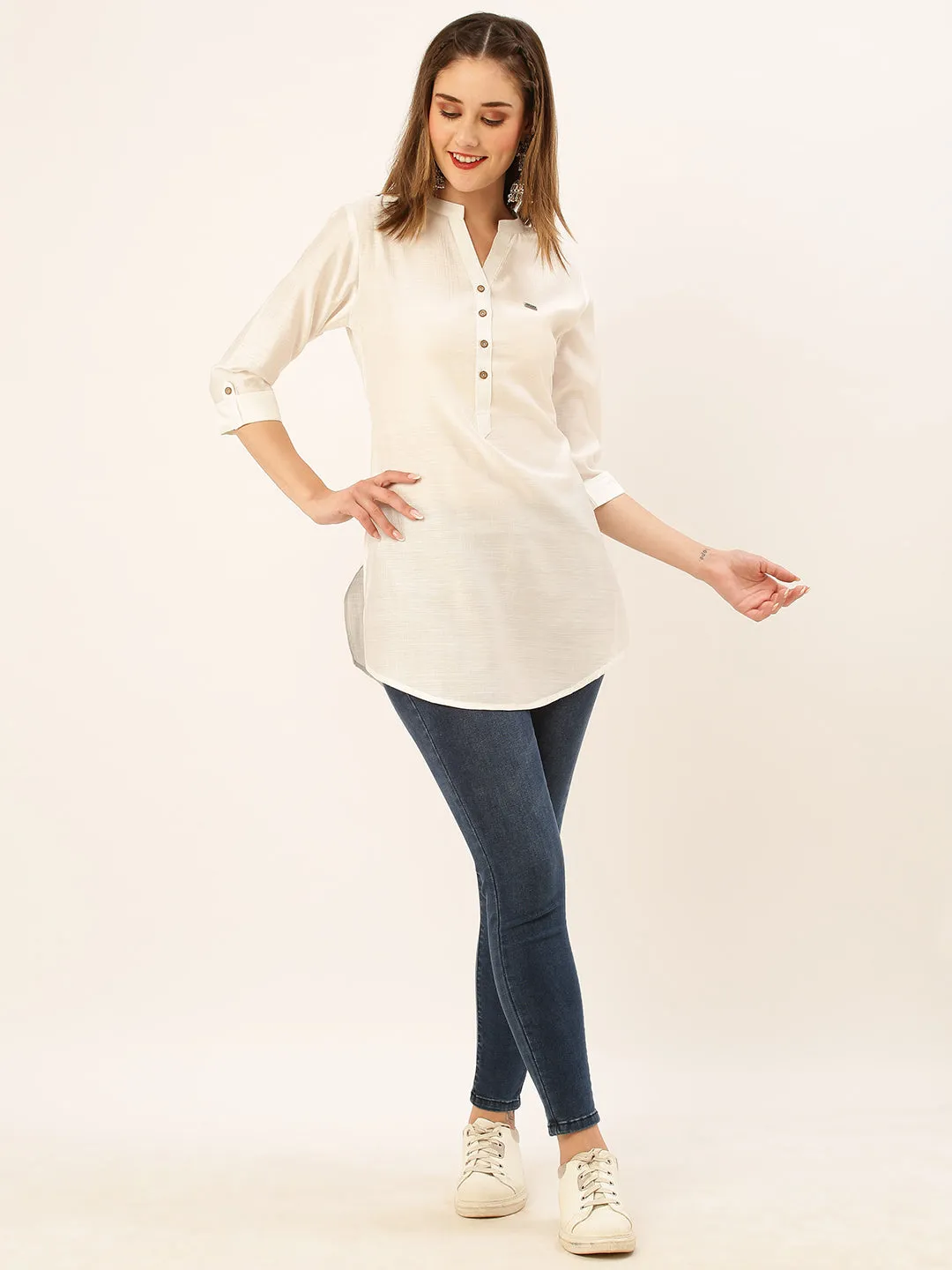 Mandarin Collar Rayon Solid White Straight Tunic For Women - ZOLA